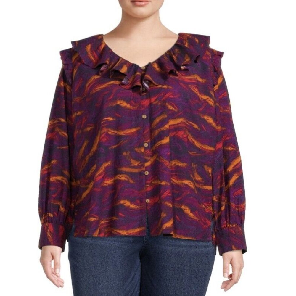 Terra & Sky Blouse Womens Size 1X 16W 18W Ruffle Top Artsy Abstract